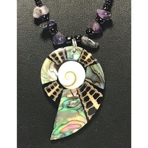 Handmade Abalone & Fossil Inlay Pendant Necklace Amethyst Chips and Black Beads